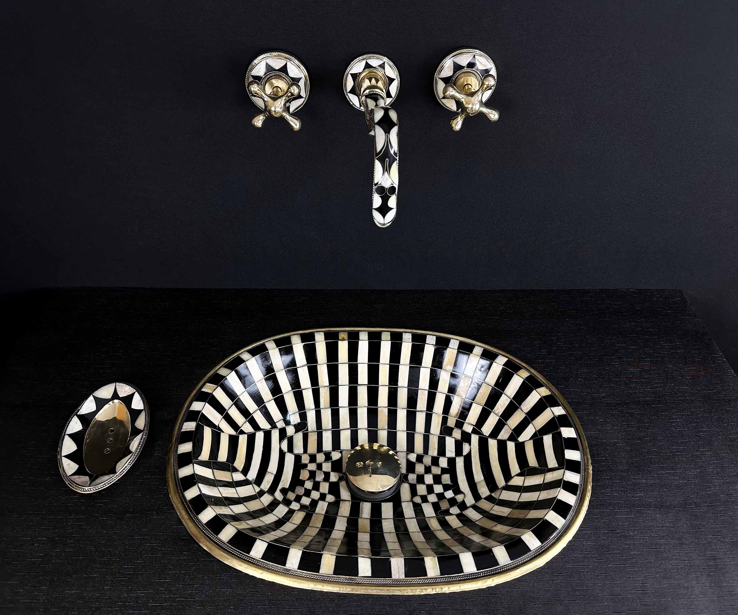 Brass Oval Sink with Bone and Resin Inlay – Unique Hand-Shaped Design