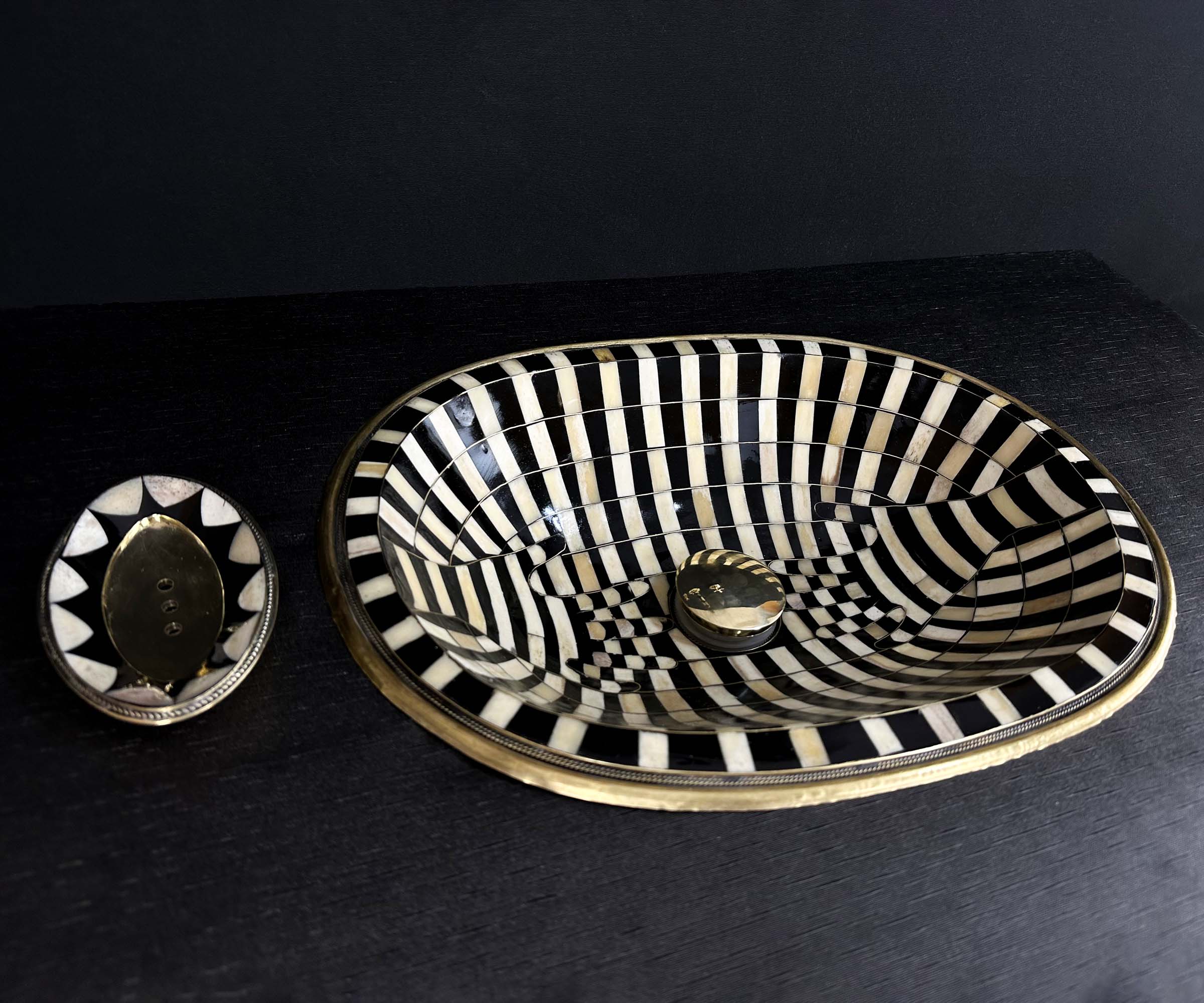 Brass Oval Sink with Bone and Resin Inlay – Unique Hand-Shaped Design
