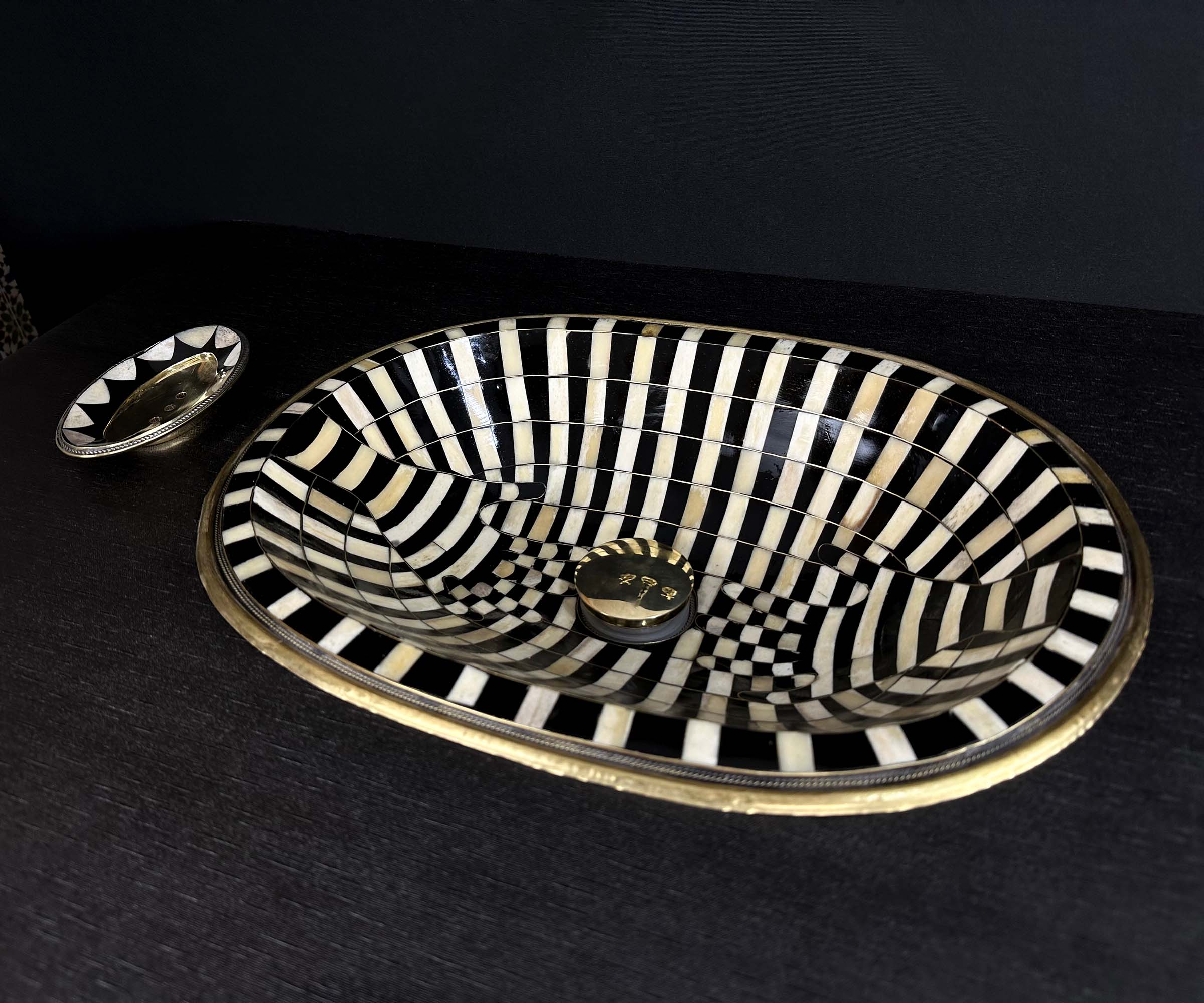 Brass Oval Sink with Bone and Resin Inlay – Unique Hand-Shaped Design