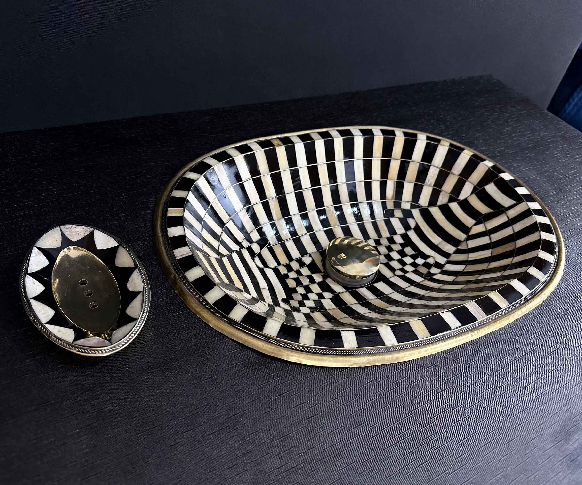 Brass Oval Sink with Bone and Resin Inlay – Unique Hand-Shaped Design