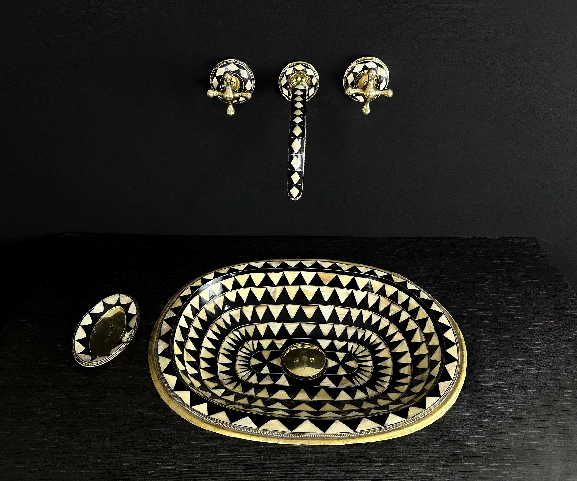 Brass Oval Sink with Triangular Bone and Resin Accents 
