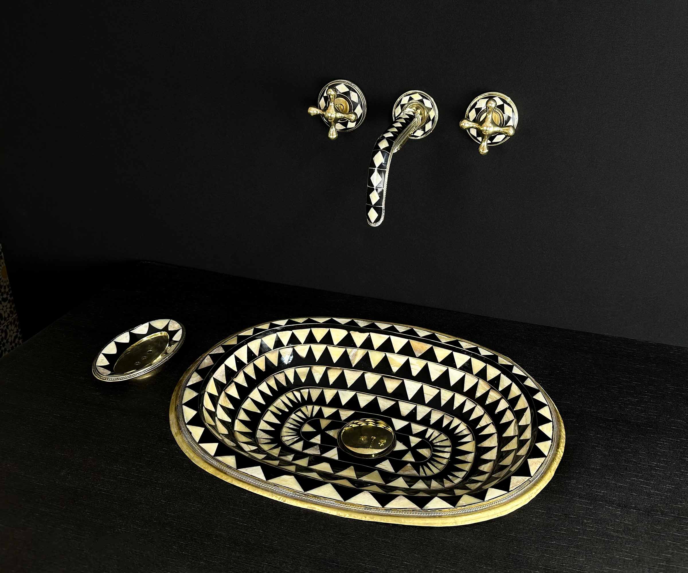 Brass Oval Sink with Triangular Bone and Resin Accents 
