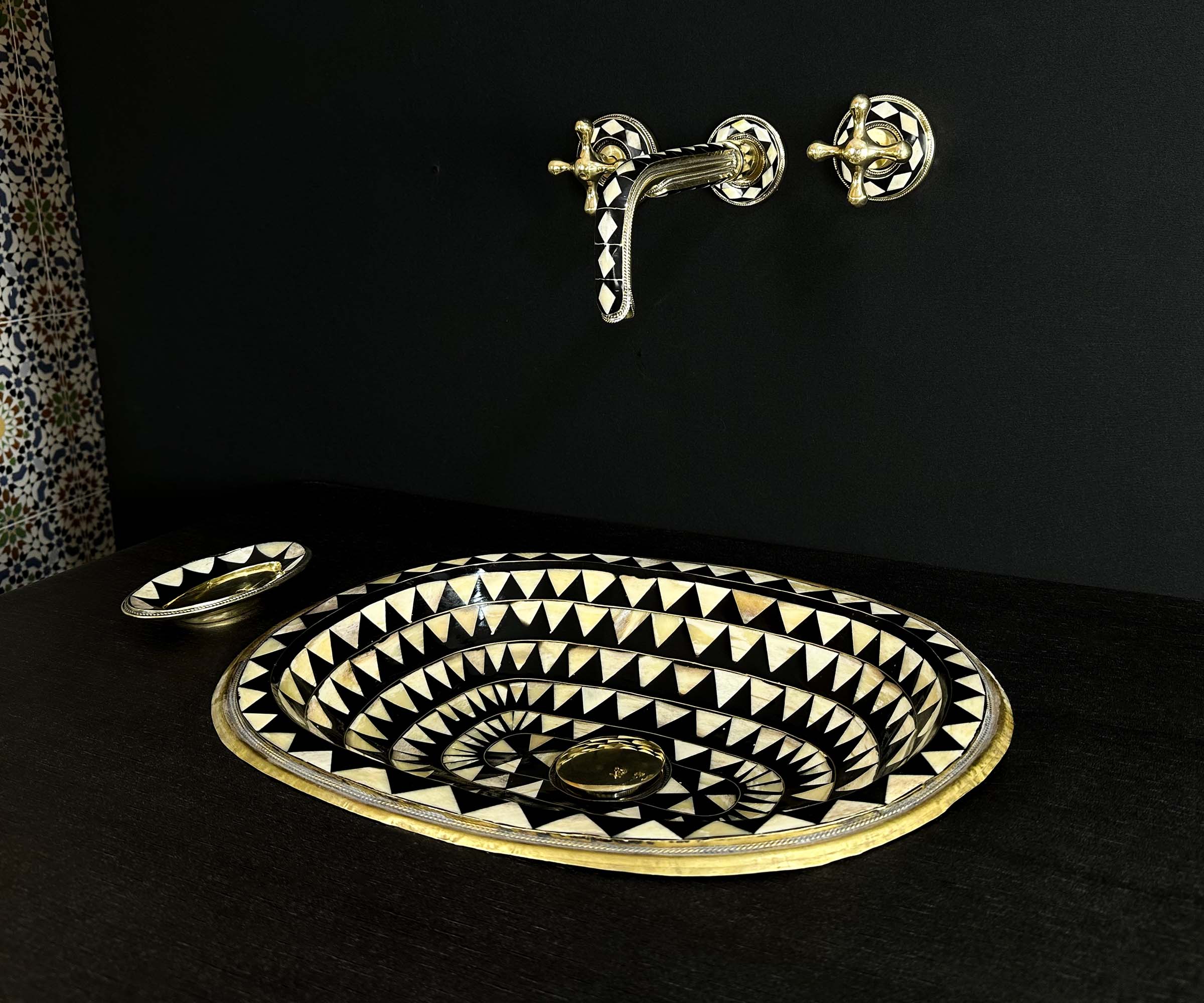 Brass Oval Sink with Triangular Bone and Resin Accents 