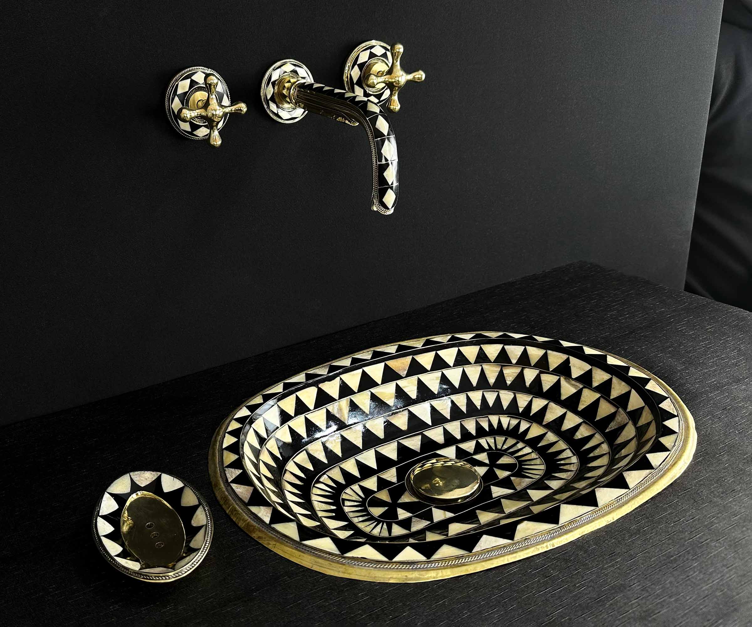 Brass Oval Sink with Triangular Bone and Resin Accents 