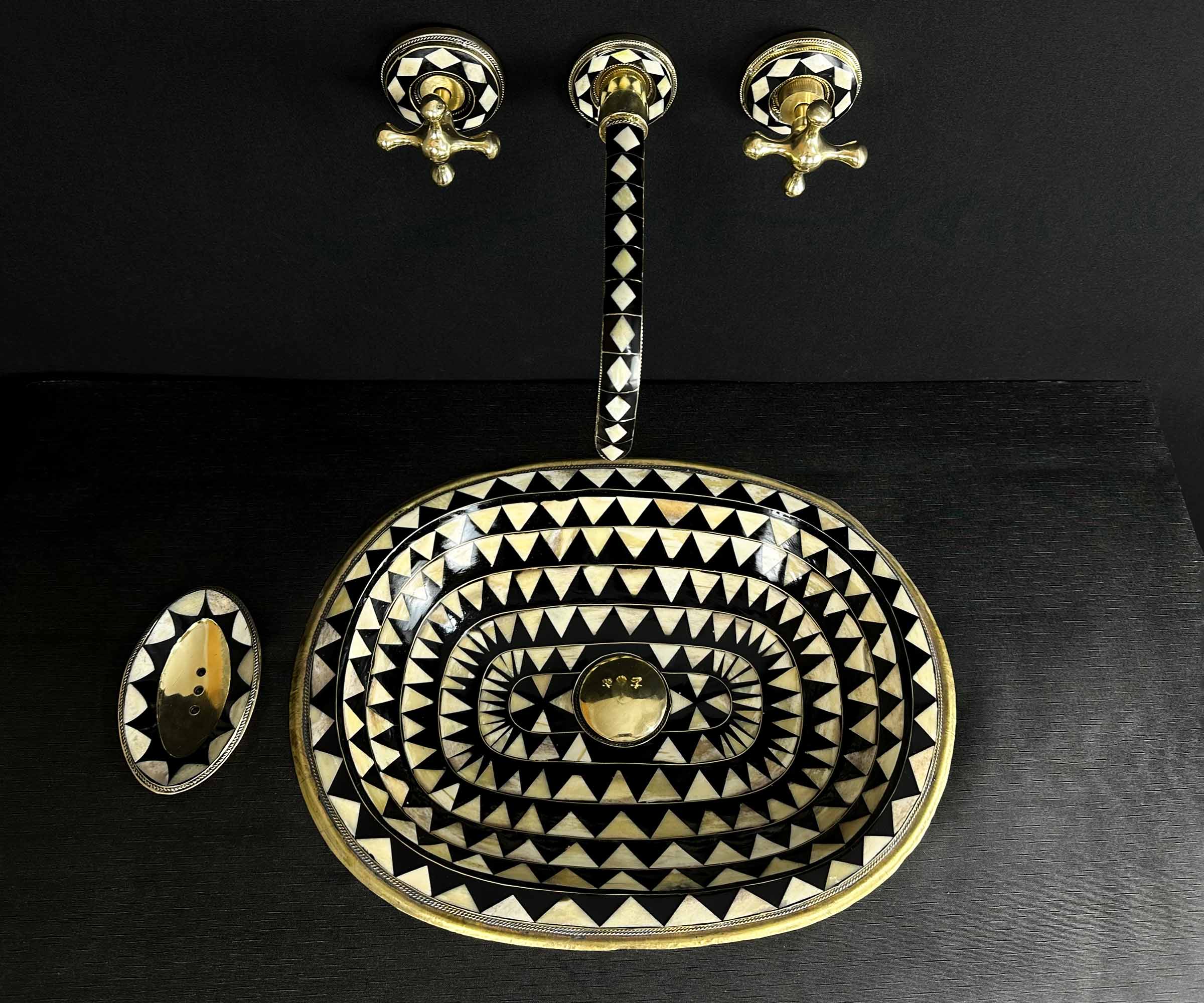 Brass Oval Sink with Triangular Bone and Resin Accents 