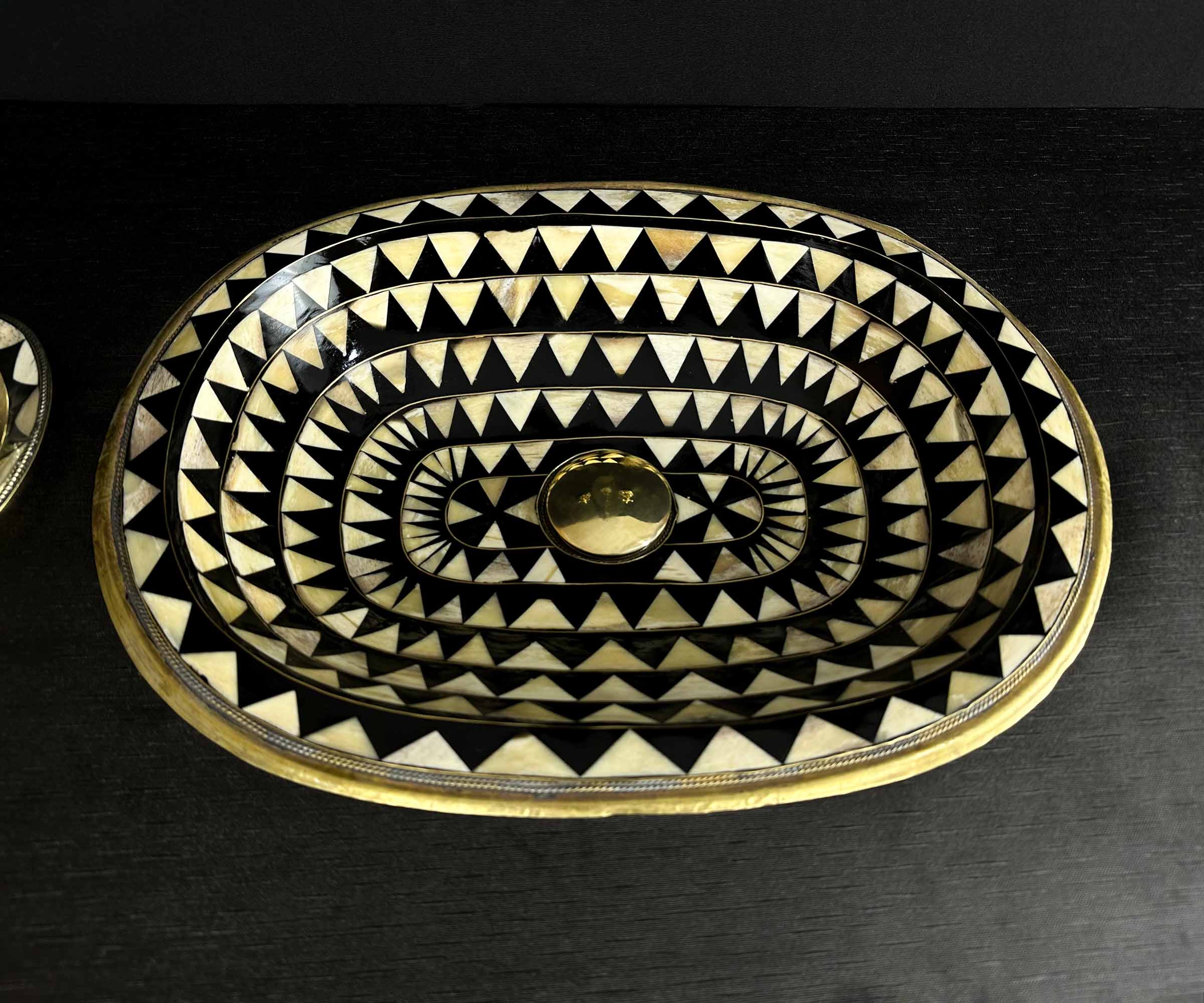 Brass Oval Sink with Triangular Bone and Resin Accents 