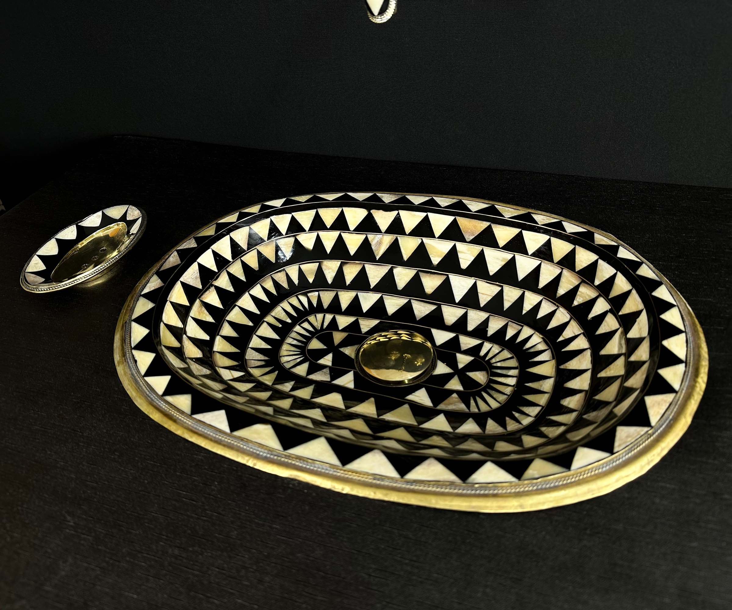 Brass Oval Sink with Triangular Bone and Resin Accents 