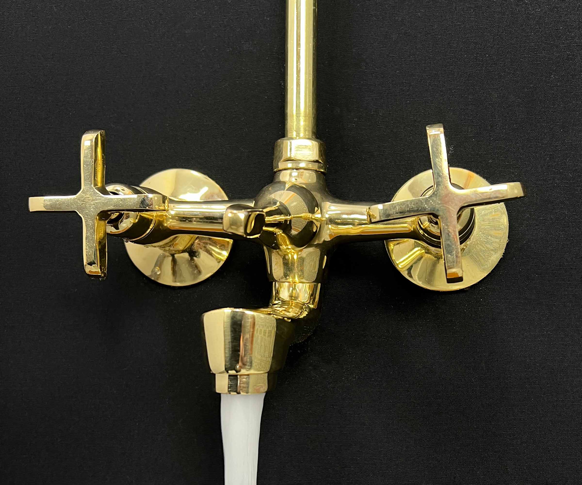 LuxeBrass Handmade Unlacquered Brass Shower System Installed in a Modern Bathroom – A Luxurious Bathroom Upgrade