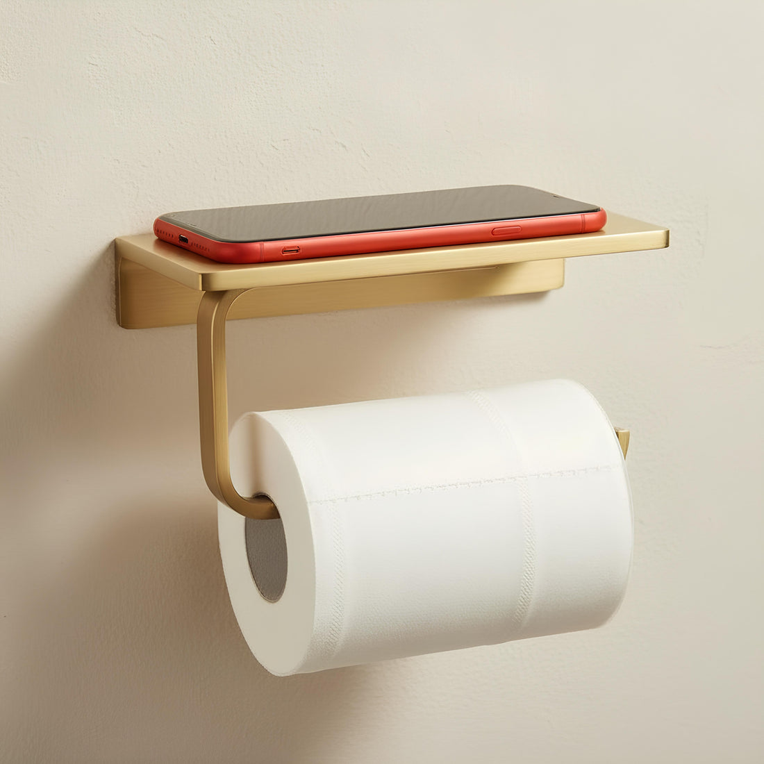 Solid Brass Toilet Paper Holder with Shelf – Wall Mounted Bathroom Organizer & Phone Shelf