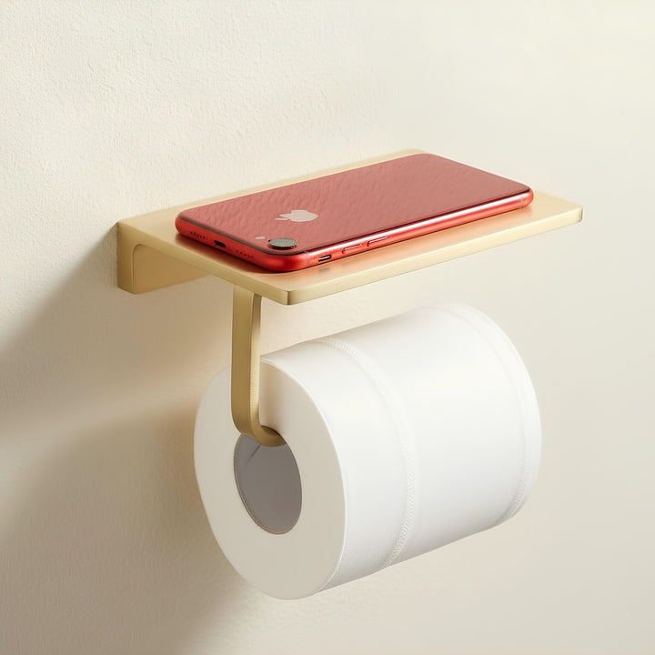 Solid Brass Toilet Paper Holder with Shelf – Wall Mounted Bathroom Organizer & Phone Shelf