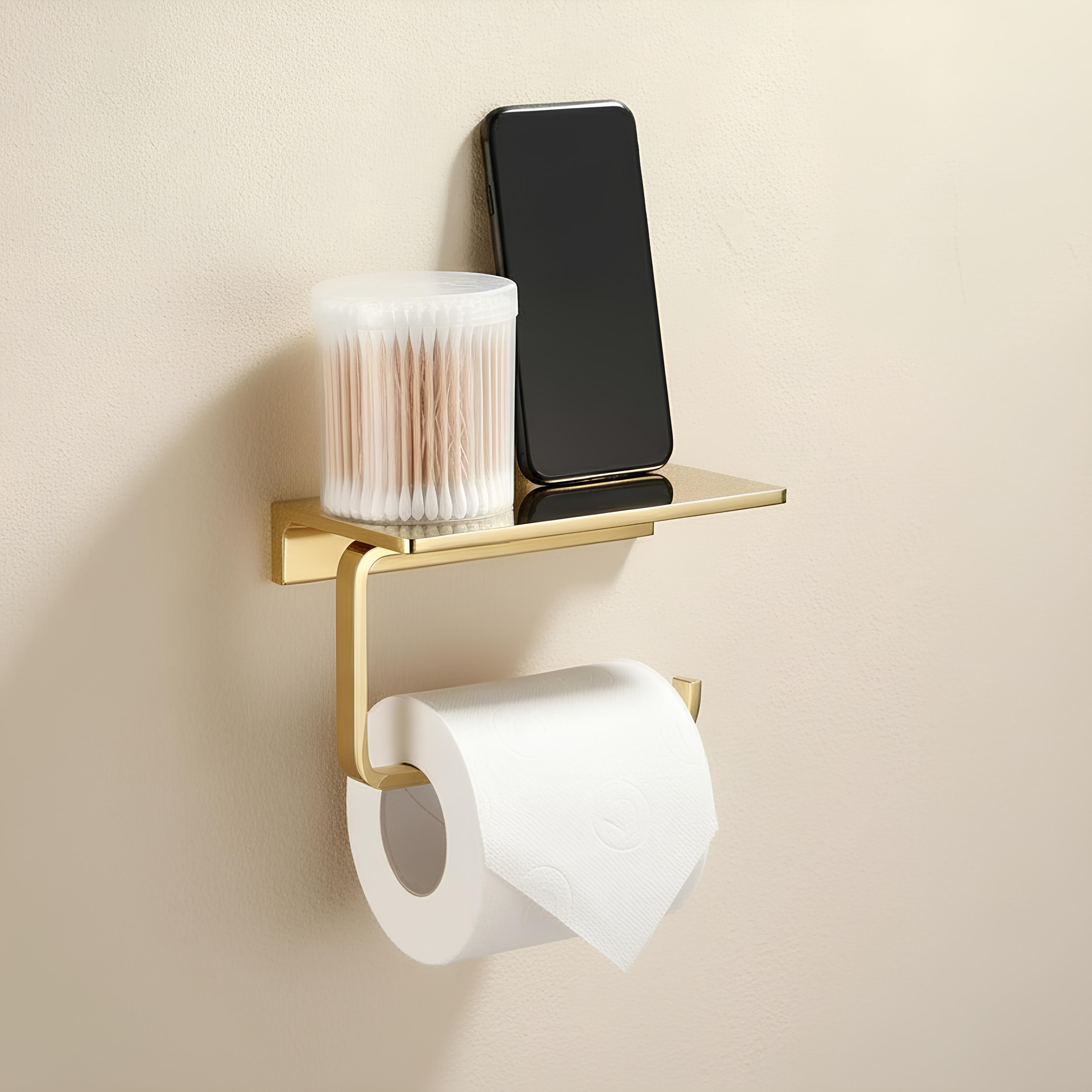 Solid Brass Toilet Paper Holder with Shelf – Wall Mounted Bathroom Organizer & Phone Shelf