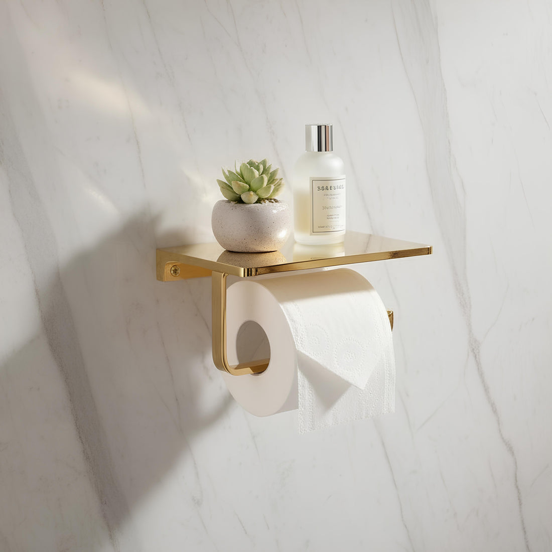 Solid Brass Toilet Paper Holder with Shelf – Wall Mounted Bathroom Organizer & Phone Shelf