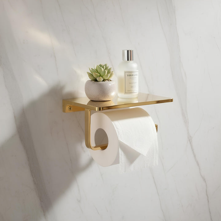 Solid Brass Toilet Paper Holder with Shelf – Wall Mounted Bathroom Organizer & Phone Shelf