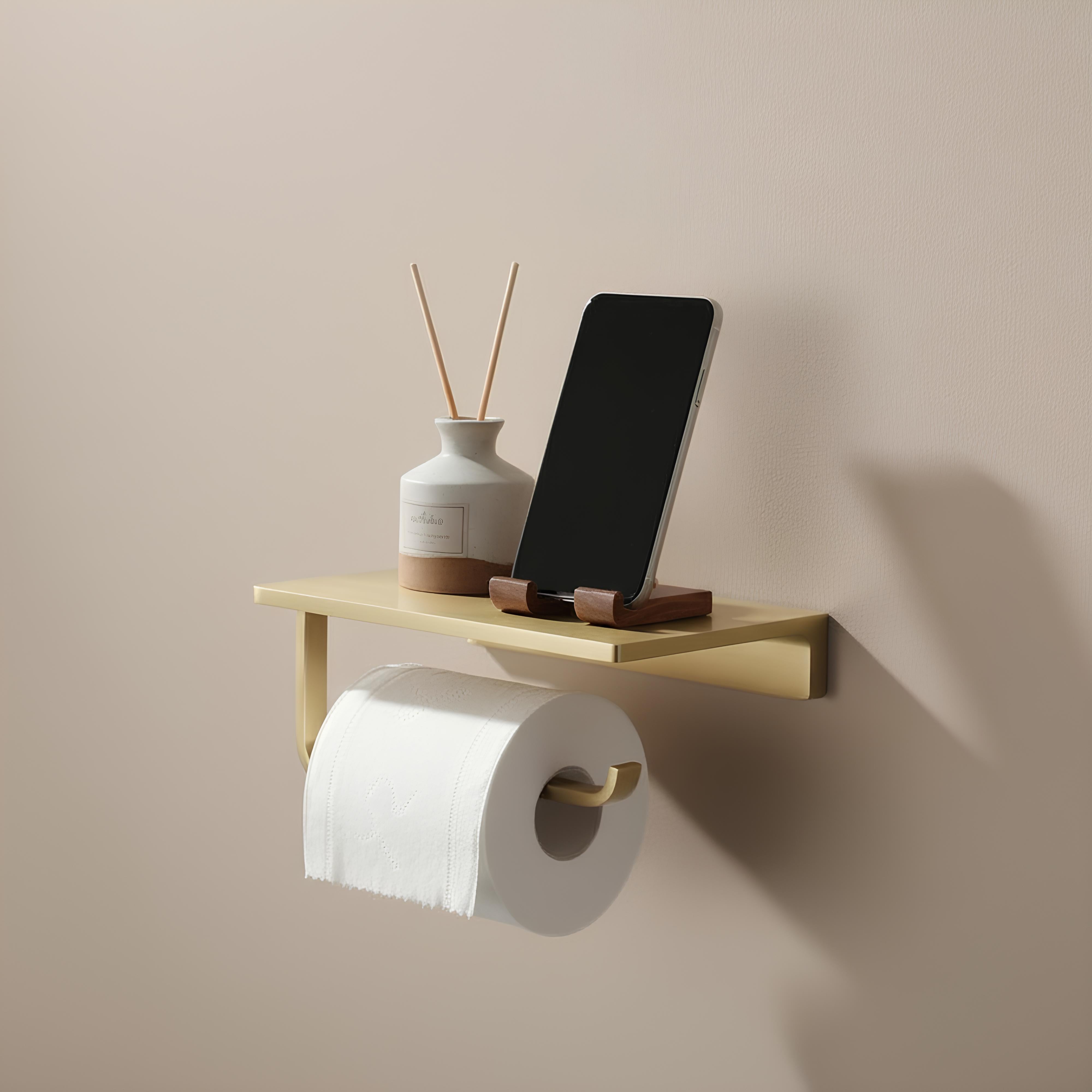 Solid Brass Toilet Paper Holder with Shelf – Wall Mounted Bathroom Organizer & Phone Shelf