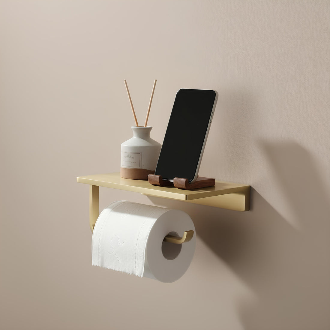 Solid Brass Toilet Paper Holder with Shelf – Wall Mounted Bathroom Organizer & Phone Shelf