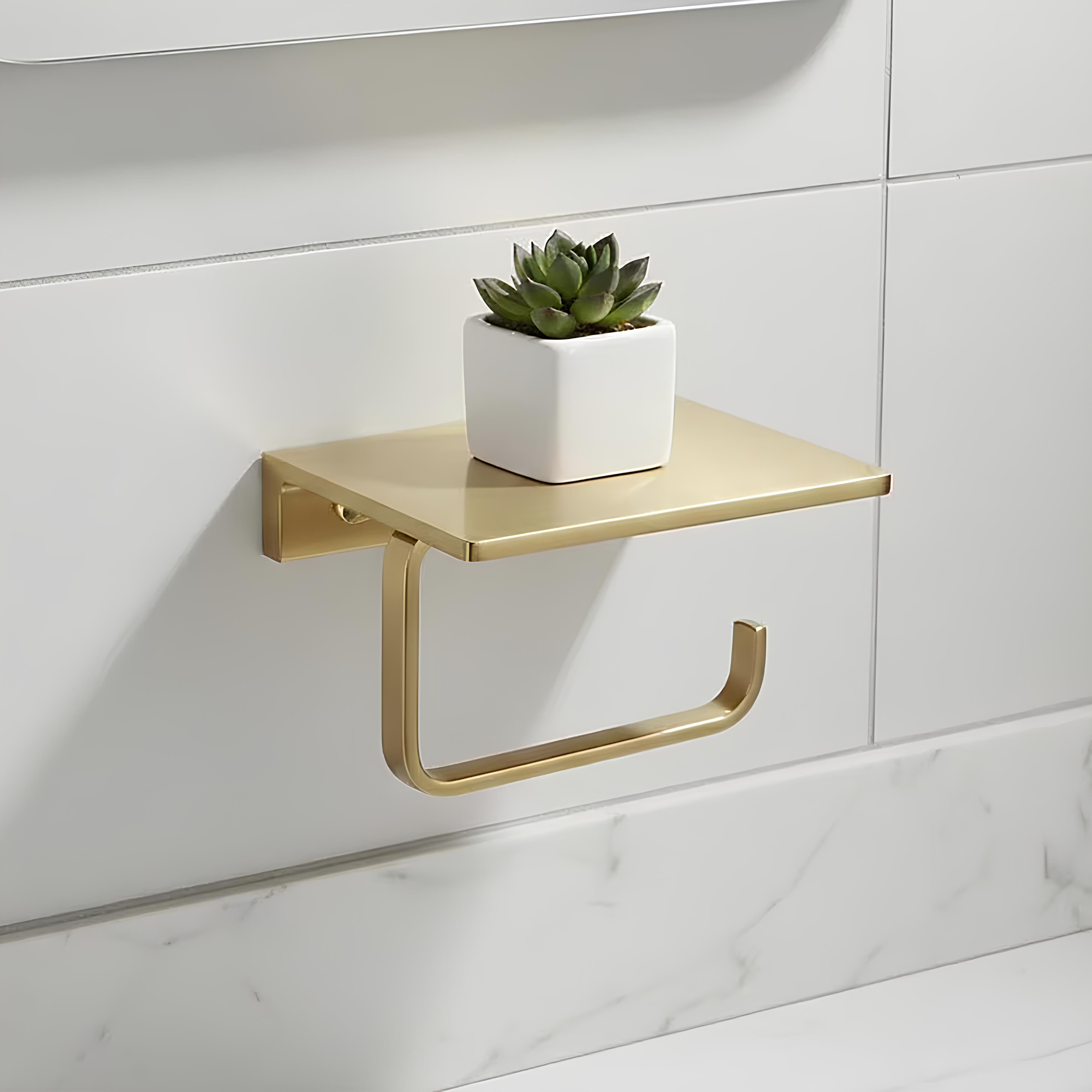 Solid Brass Toilet Paper Holder with Shelf – Wall Mounted Bathroom Organizer & Phone Shelf