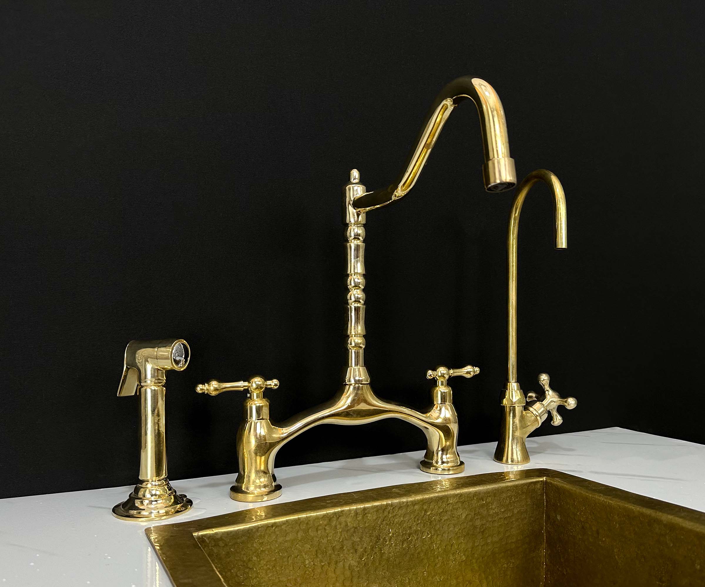 Brass Victorian Bridge Faucet with Sprayer and Cold Water Faucet