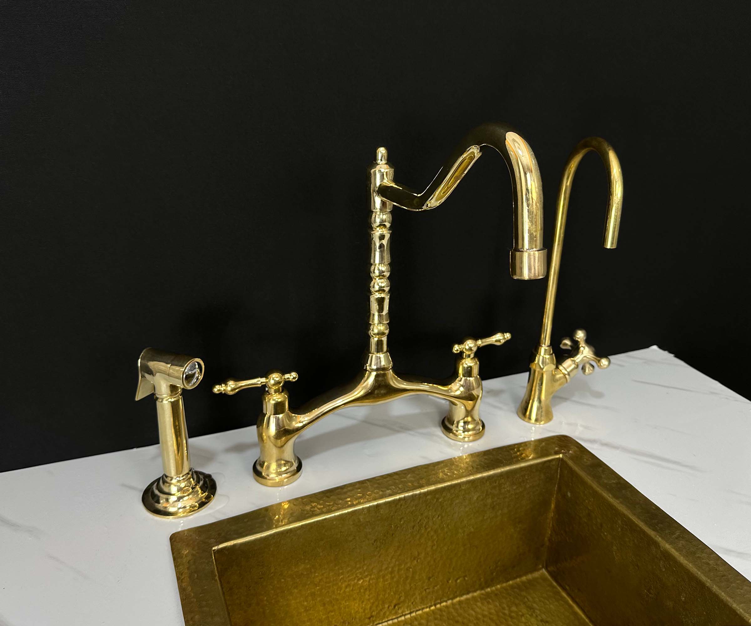 Brass Victorian Bridge Faucet with Sprayer and Cold Water Faucet