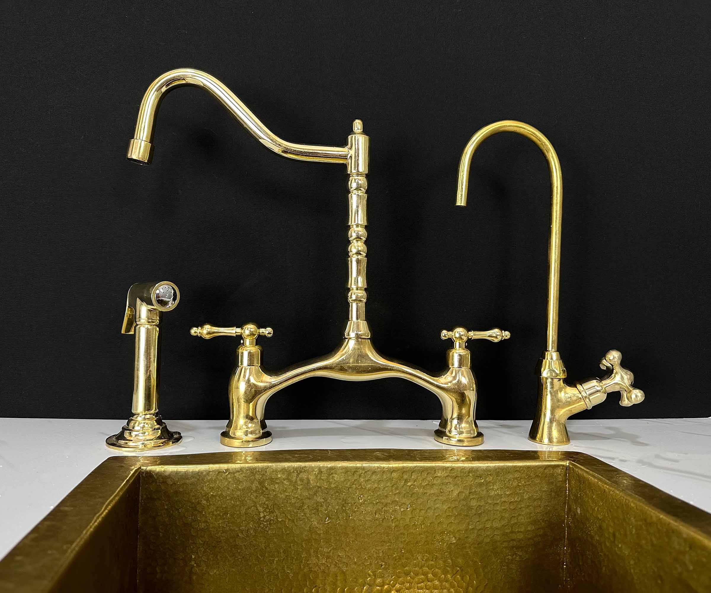 Brass Victorian Bridge Faucet with Sprayer and Cold Water Tap
