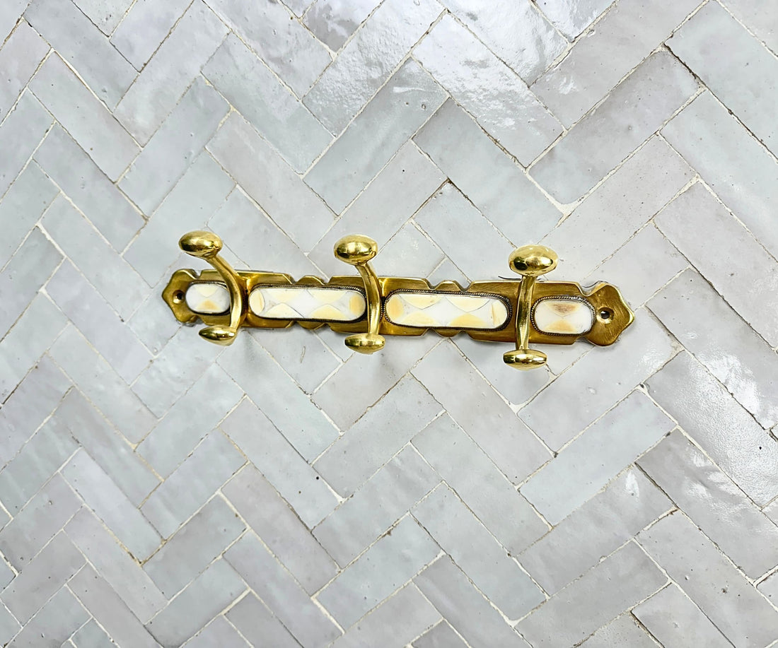 Brass Wall Hooks – Handmade Coat Rack with White Resin Inlay