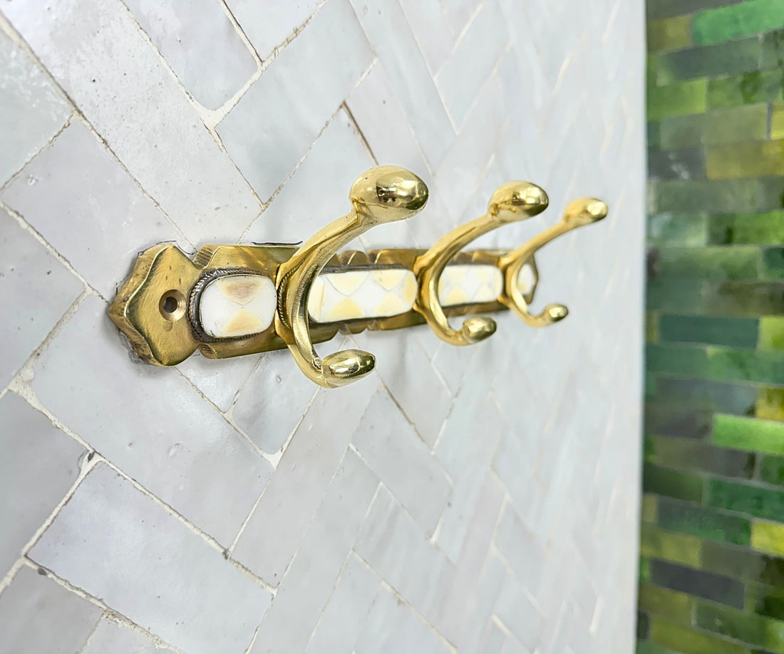 Brass Wall Hooks – Handmade Coat Rack with White Resin Inlay