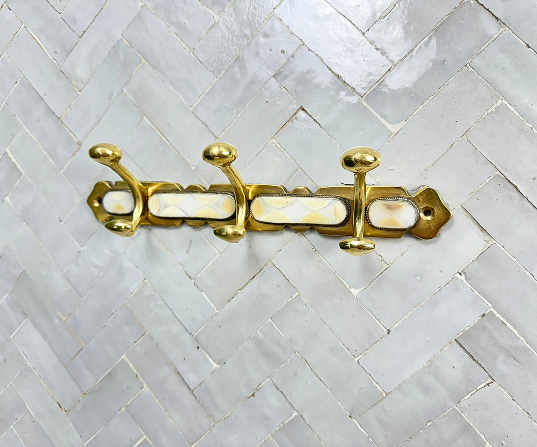Brass Wall Hooks – Handmade Coat Rack with White Resin Inlay
