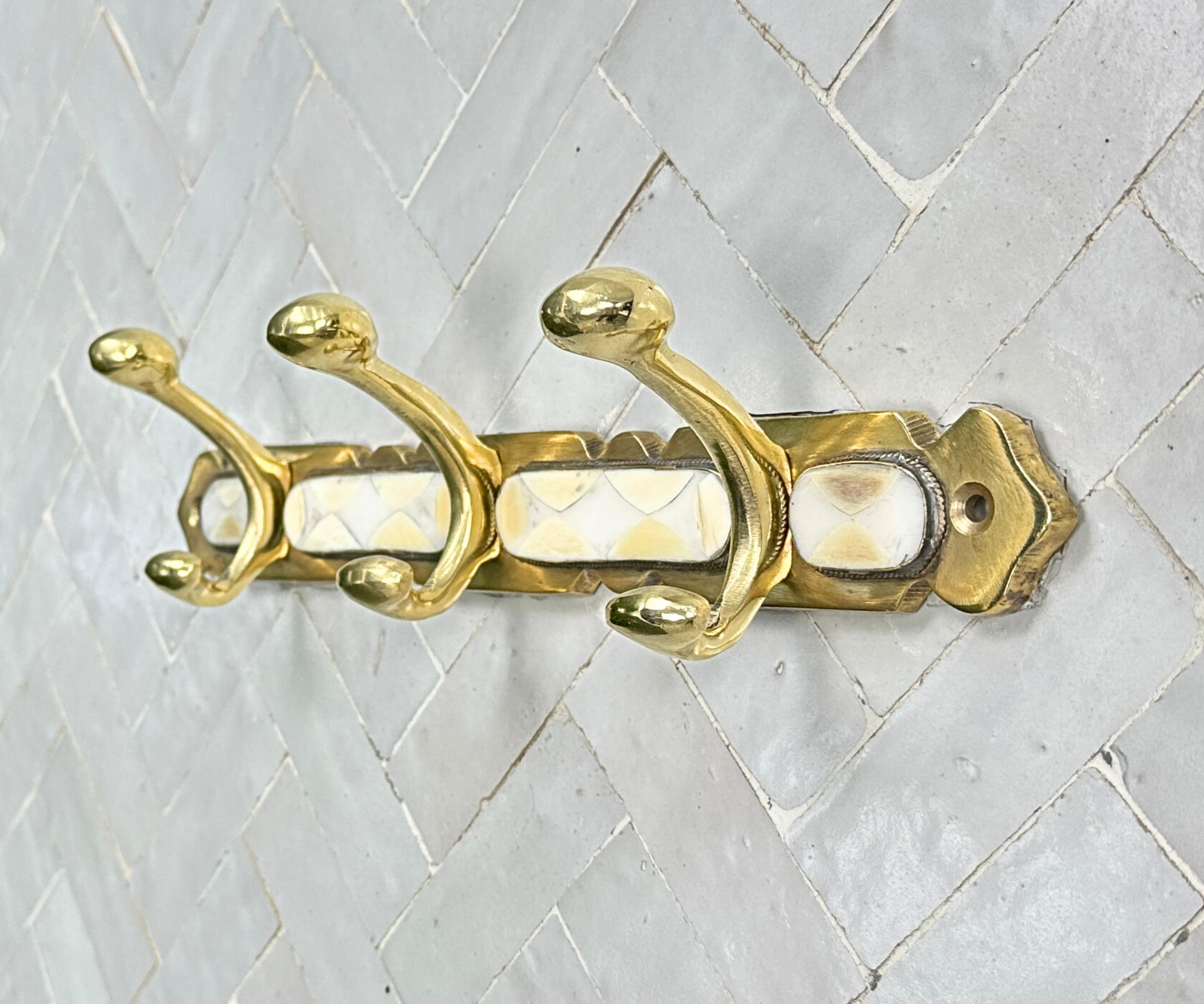 Brass Wall Hooks – Handmade Coat Rack with White Resin Inlay