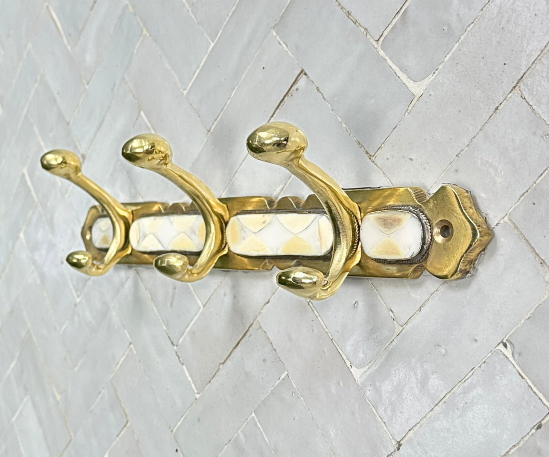 Brass Wall Hooks – Handmade Coat Rack with White Resin Inlay
