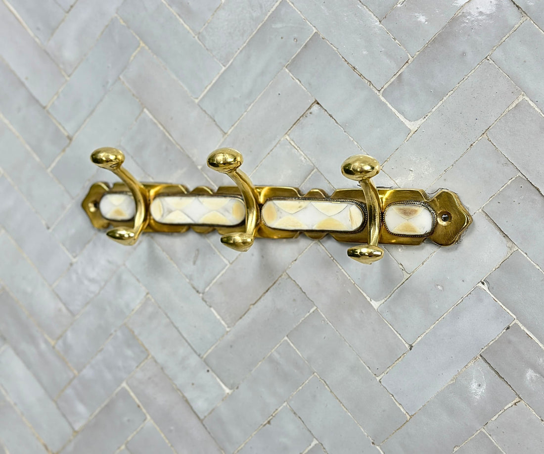 Brass Wall Hooks – Handmade Coat Rack with White Resin Inlay