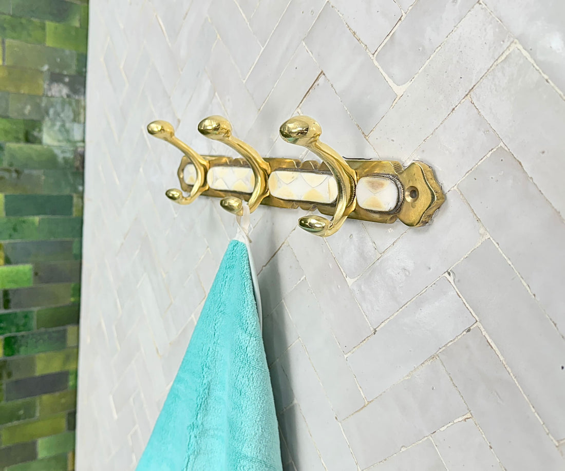 Brass Wall Hooks – Handmade Coat Rack with White Resin Inlay