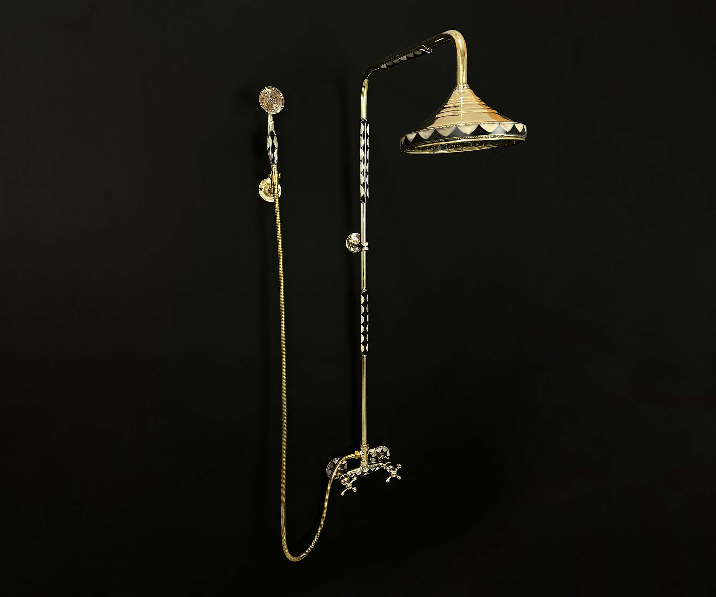 Full View of Handmade Unlacquered Brass Shower System Perfect for Luxury Bathrooms
