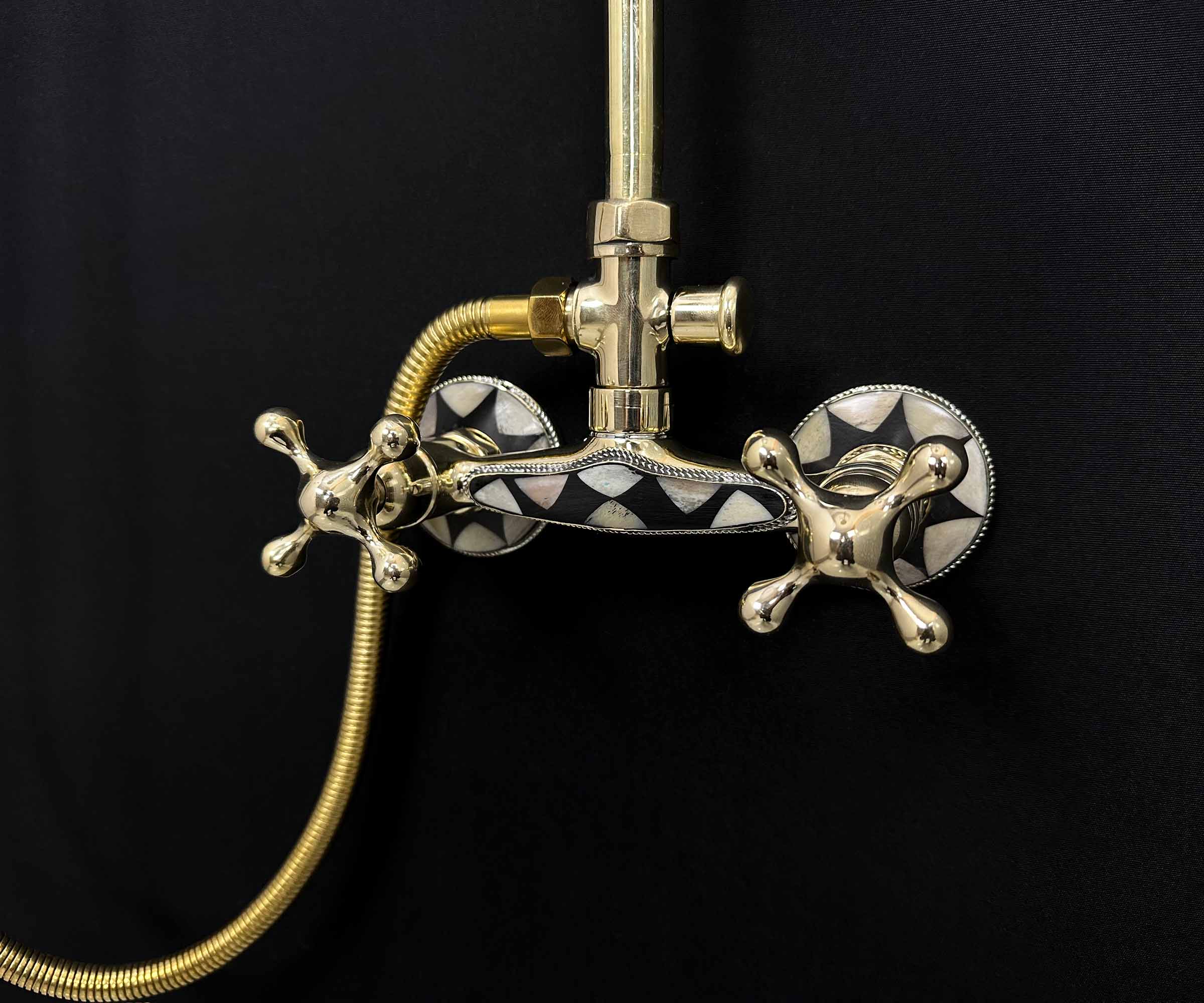 Detail of Unlacquered Brass Shower Valve with Resin Accents  Artisan Bathroom Fixtures