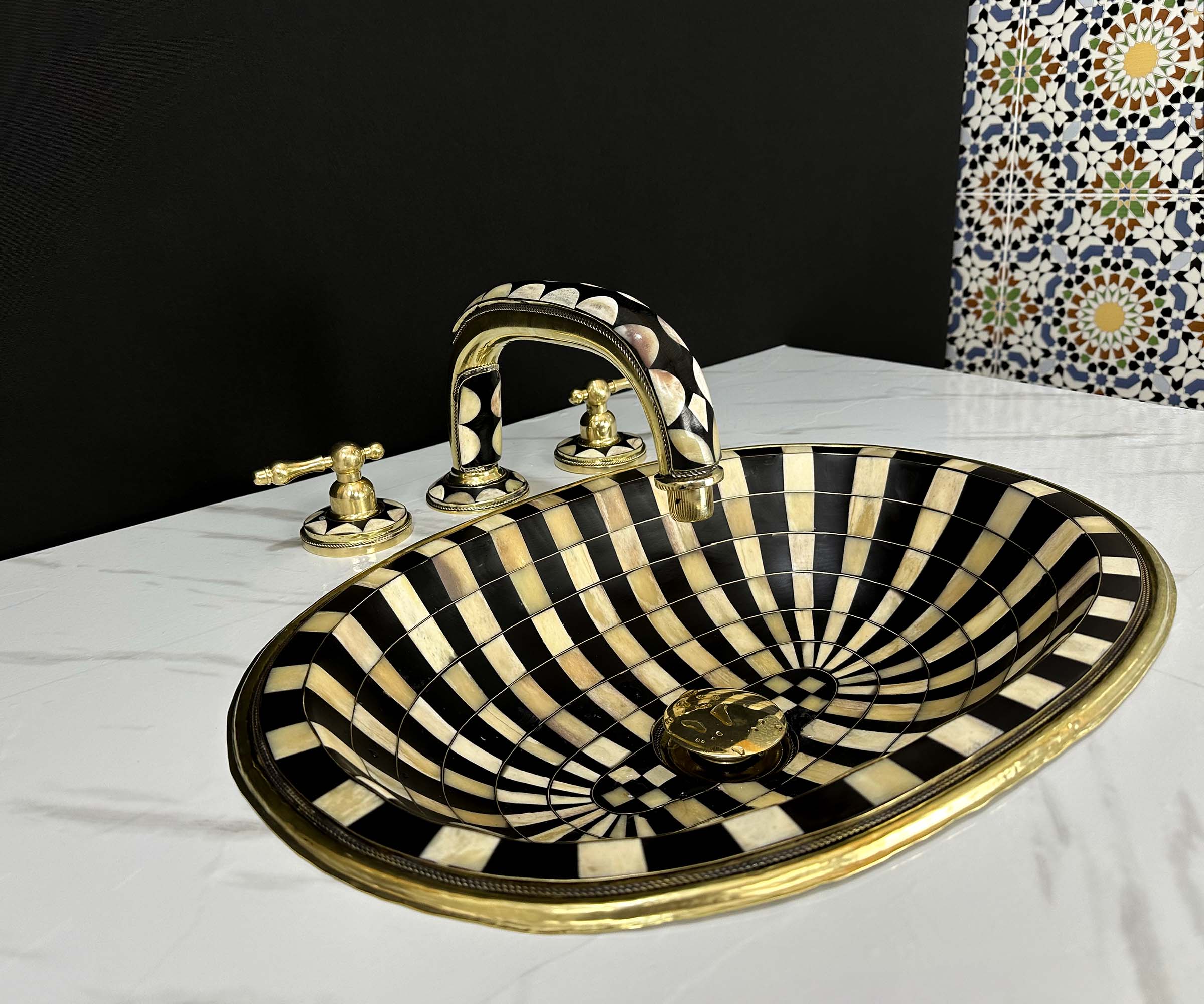 Brass Widespread Faucet and Drop-In Sink with Black Resin and Bone Inlay