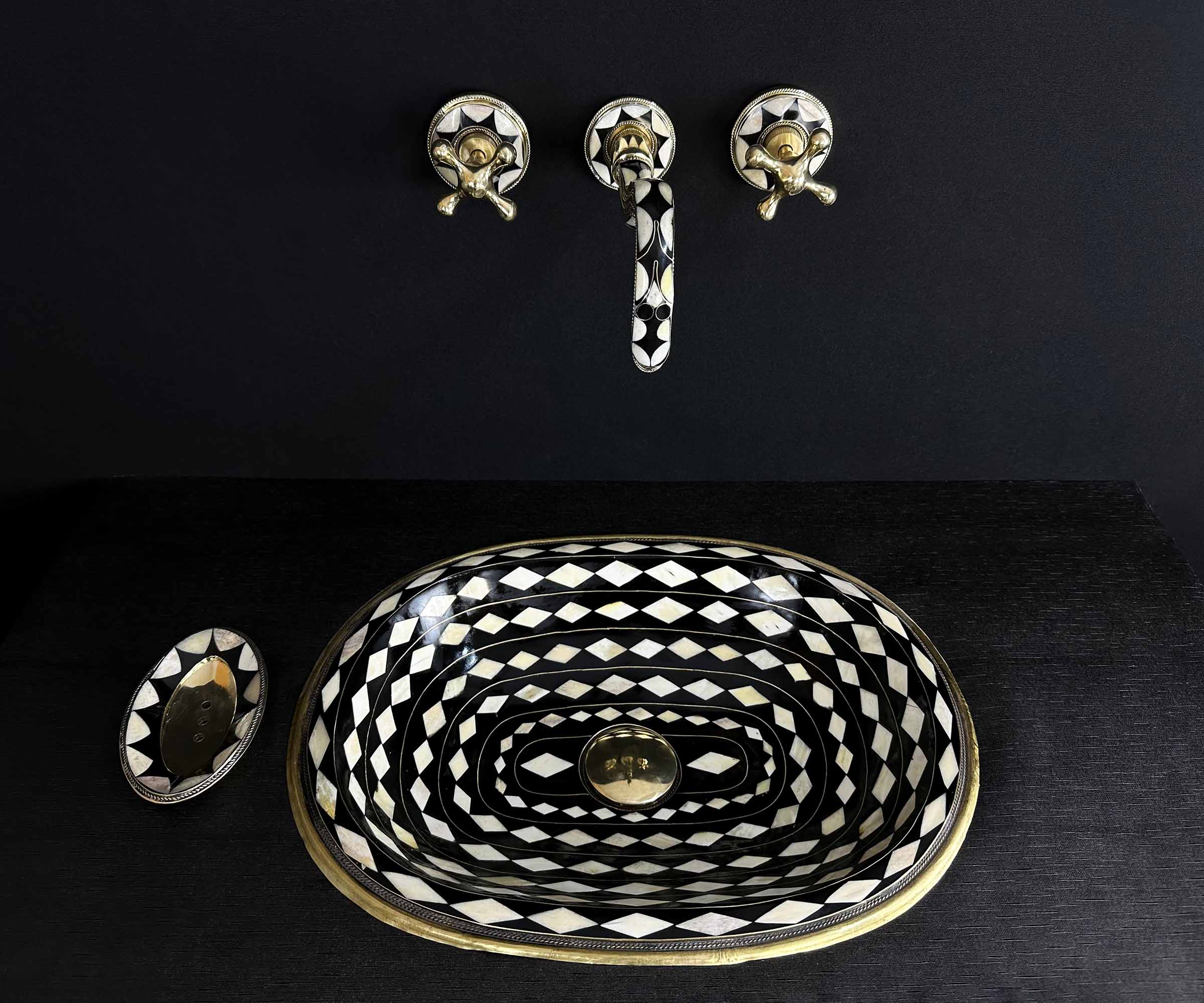 Brass and Resin Sink with Bone Inlay in Rhombus Shape