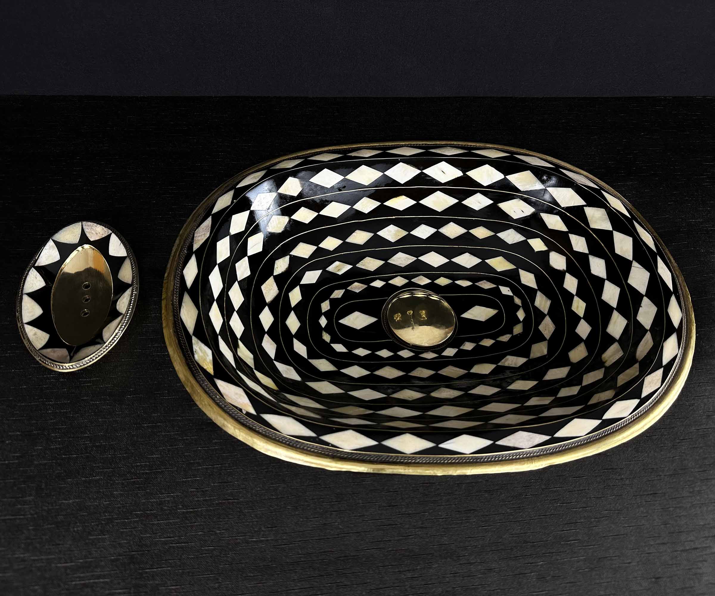 Brass and Resin Sink with Bone Inlay in Rhombus Shape