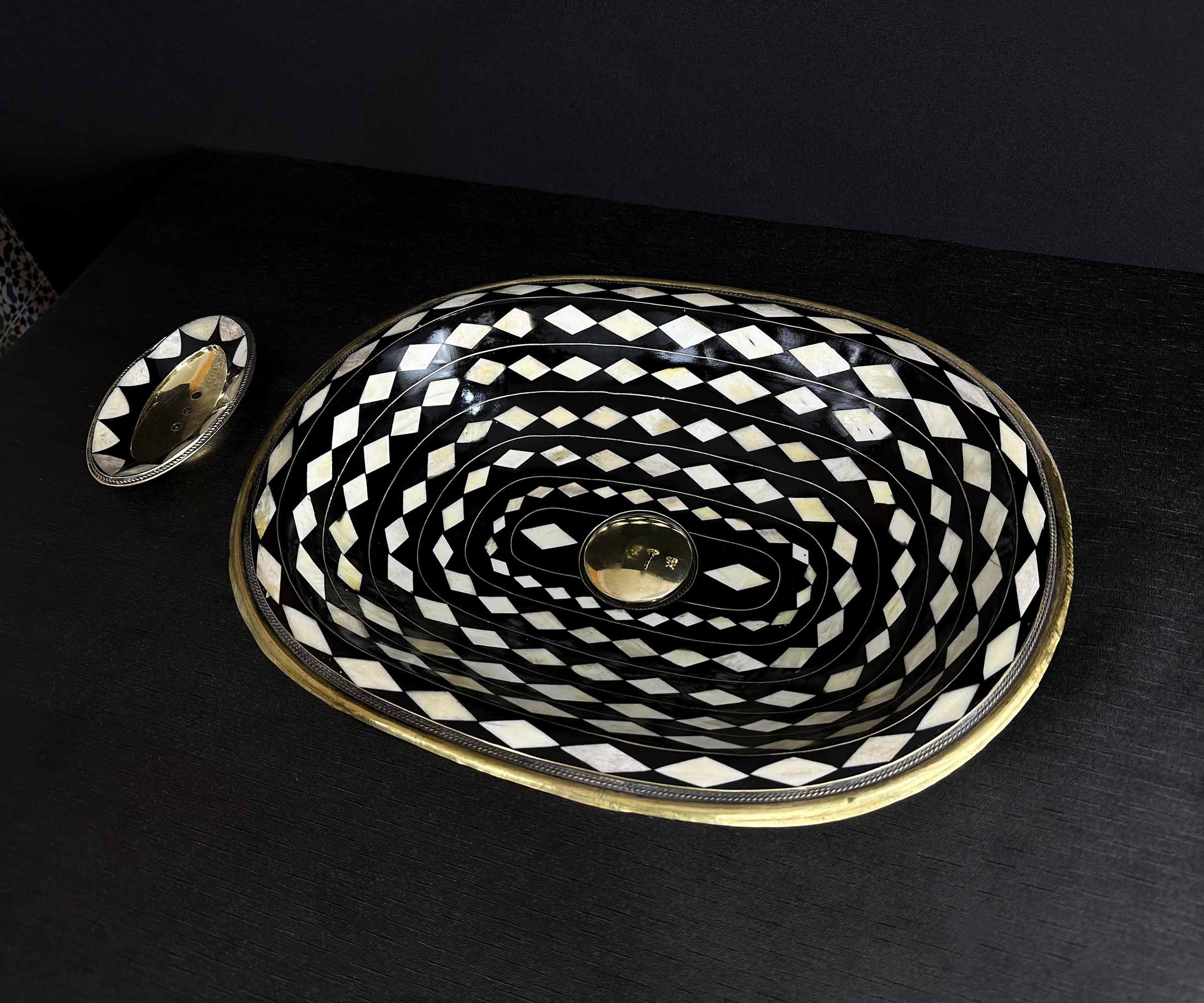 Brass and Resin Sink with Bone Inlay in Rhombus Shape