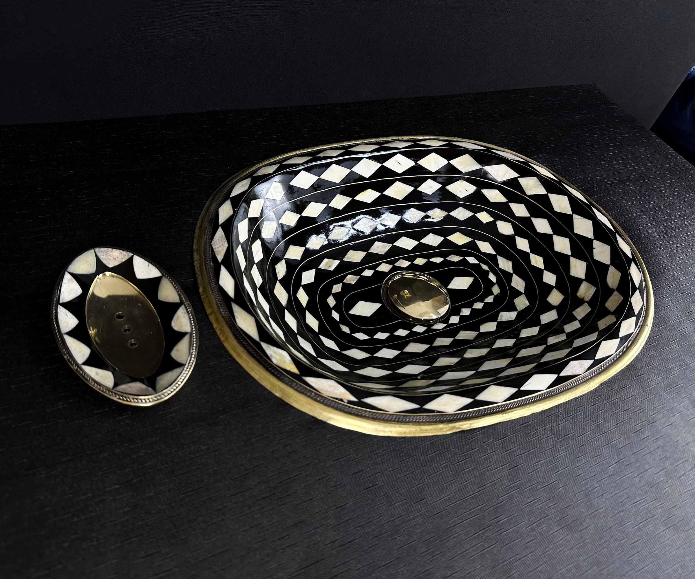 Brass and Resin Sink with Bone Inlay in Rhombus Shape