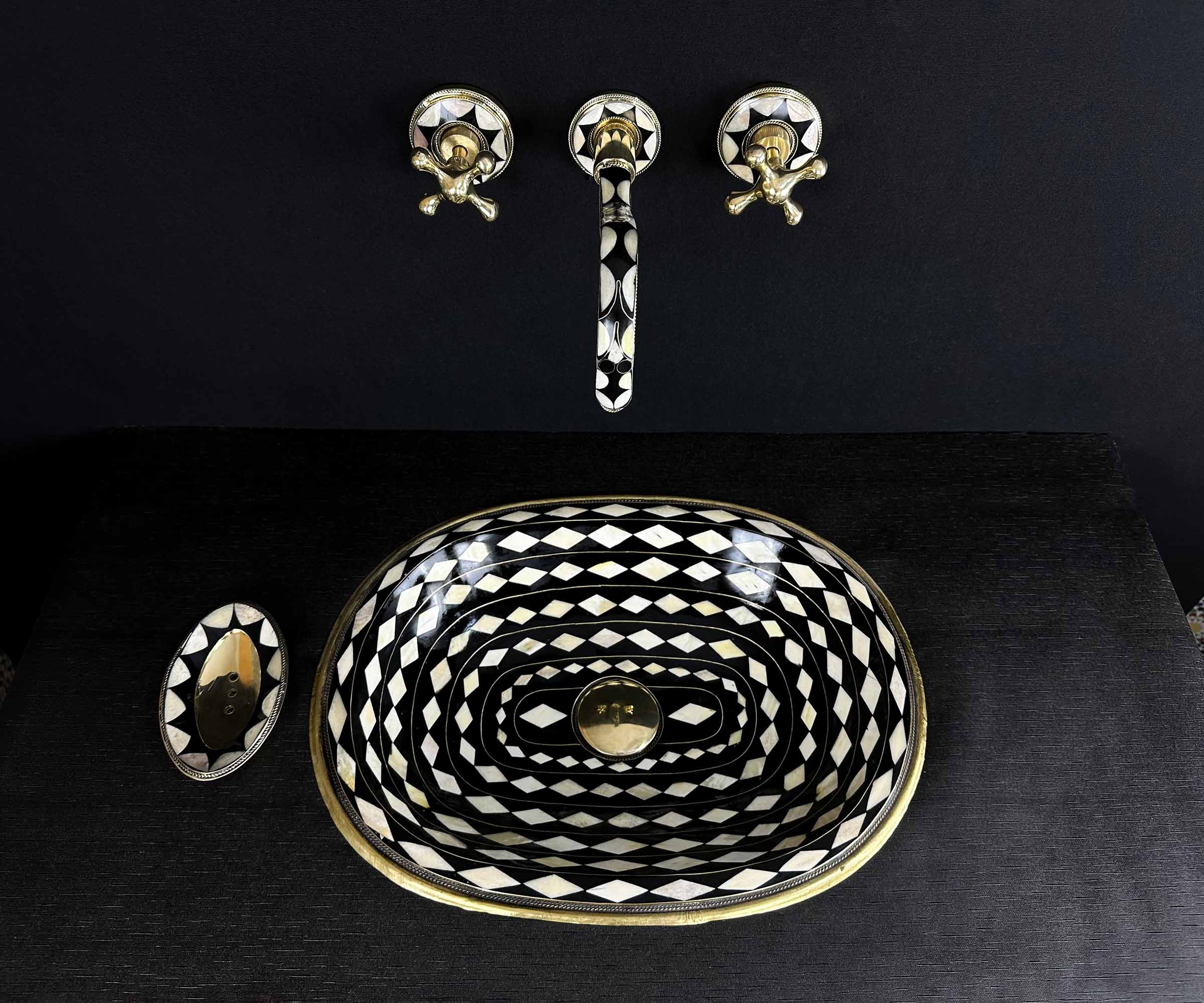 Brass and Resin Sink with Bone Inlay in Rhombus Shape