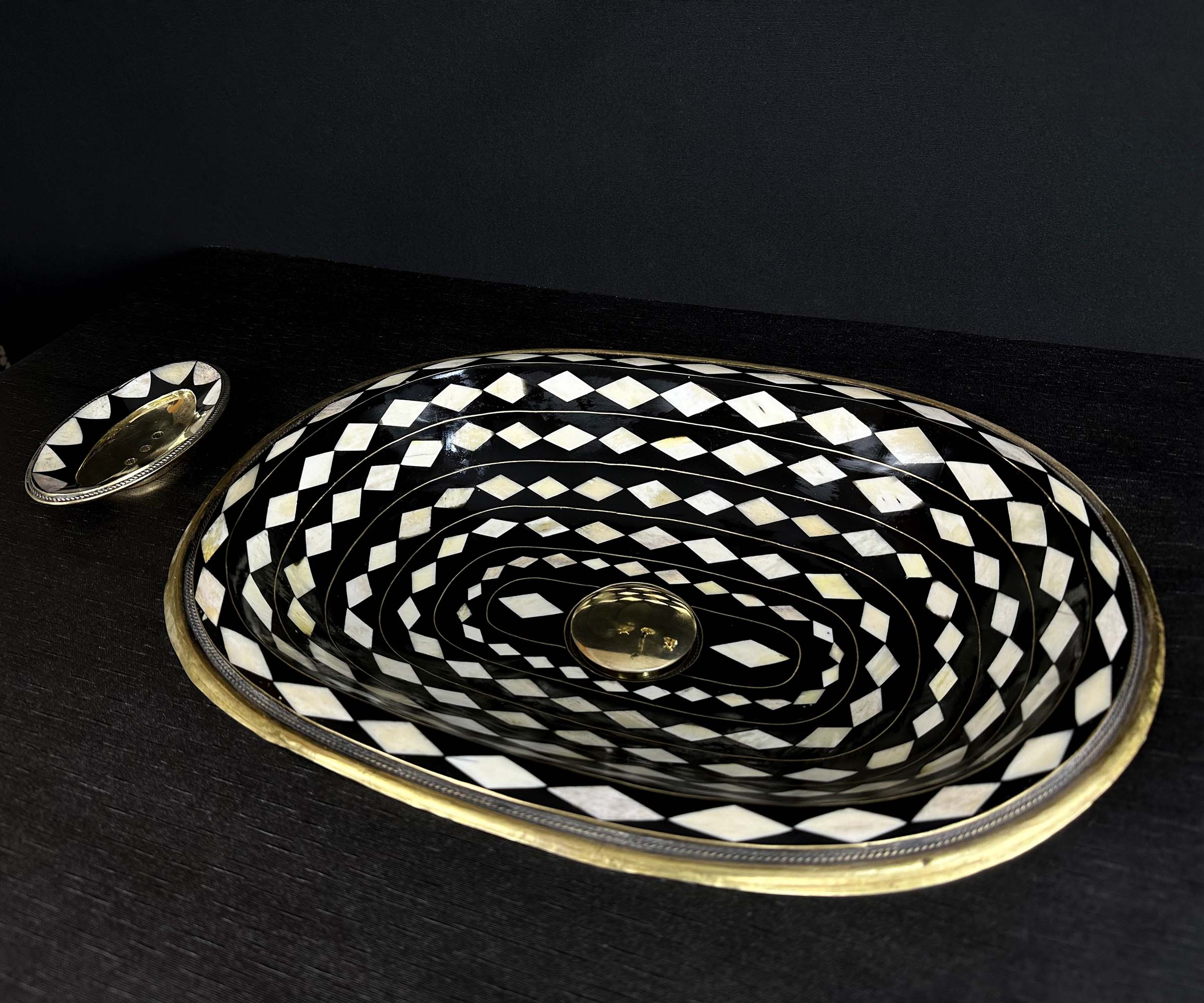 Brass and Resin Sink with Bone Inlay in Rhombus Shape