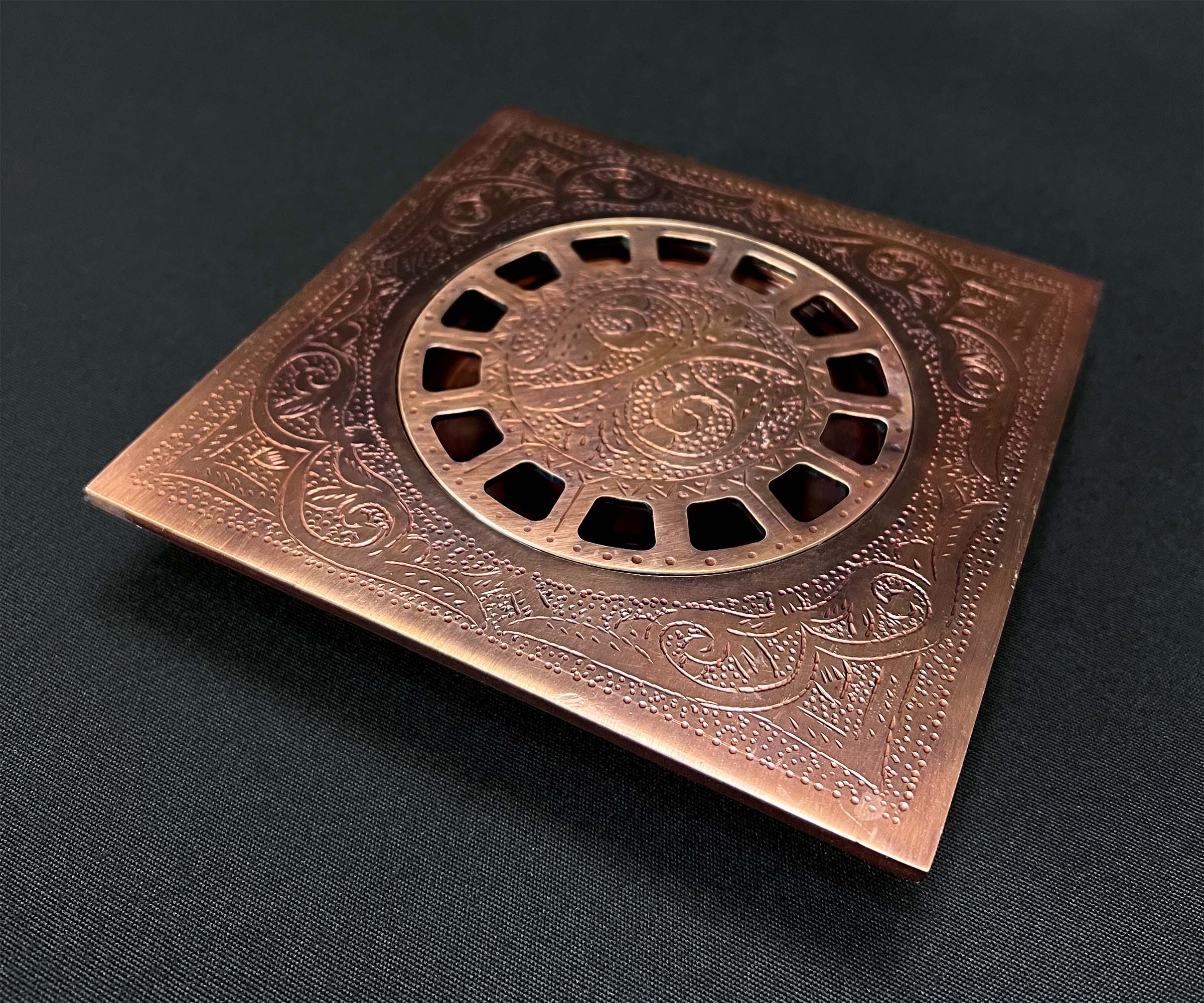 Handcrafted Engraved Brass Floor Drain with Copper Finish