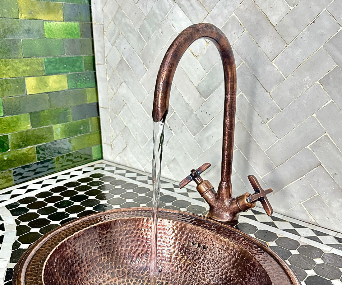 Copper Gooseneck Faucet – Hand-Engraved Moroccan Bathroom Tap