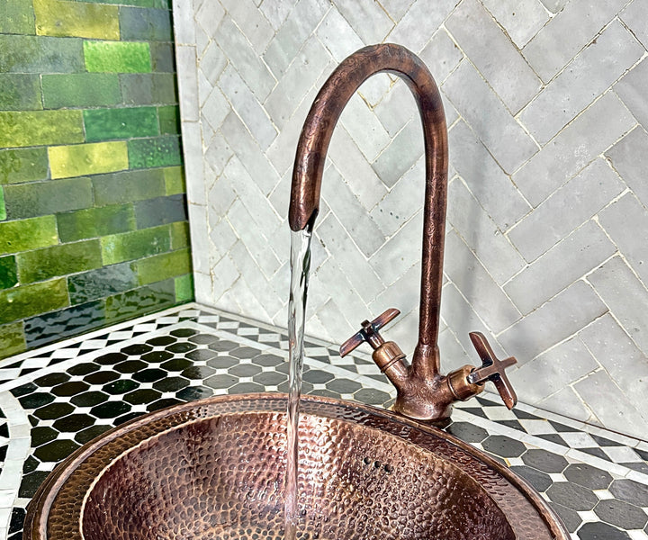 Copper Gooseneck Faucet – Hand-Engraved Moroccan Bathroom Tap