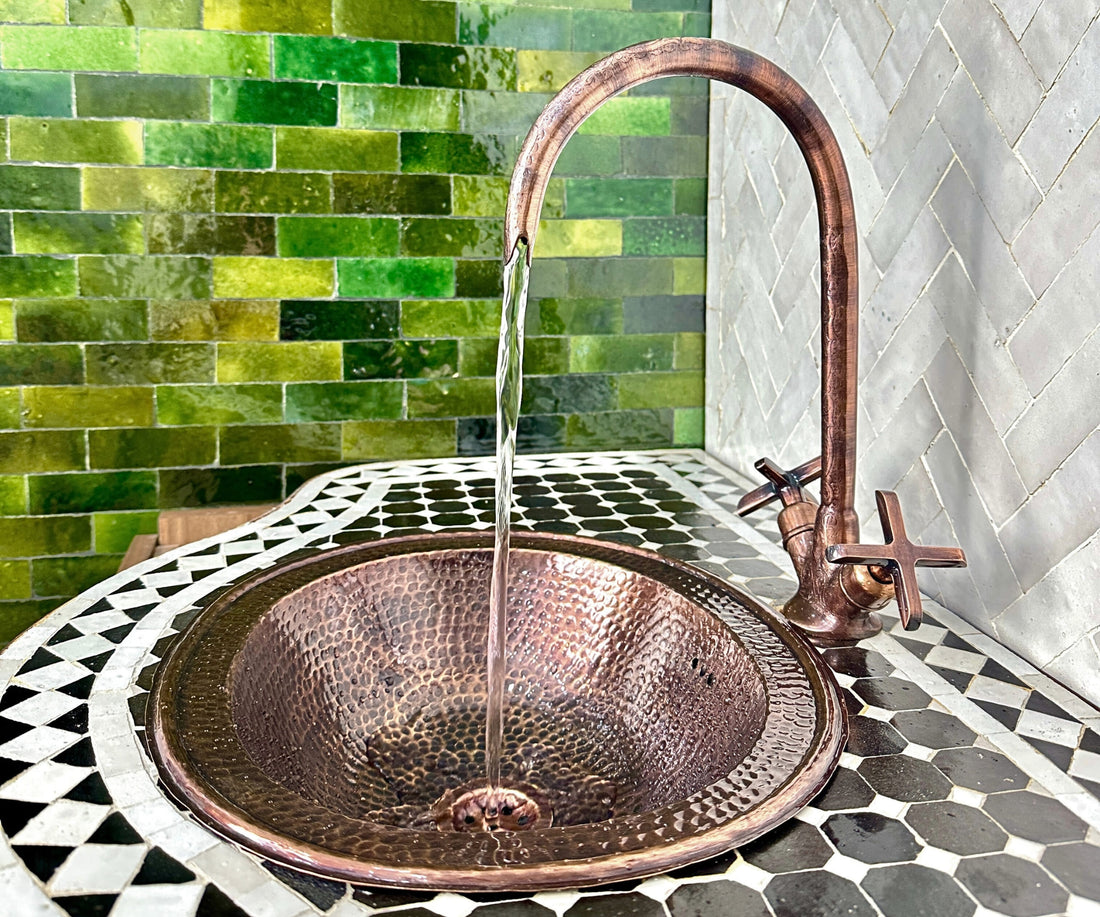 Copper Gooseneck Faucet – Hand-Engraved Moroccan Bathroom Tap