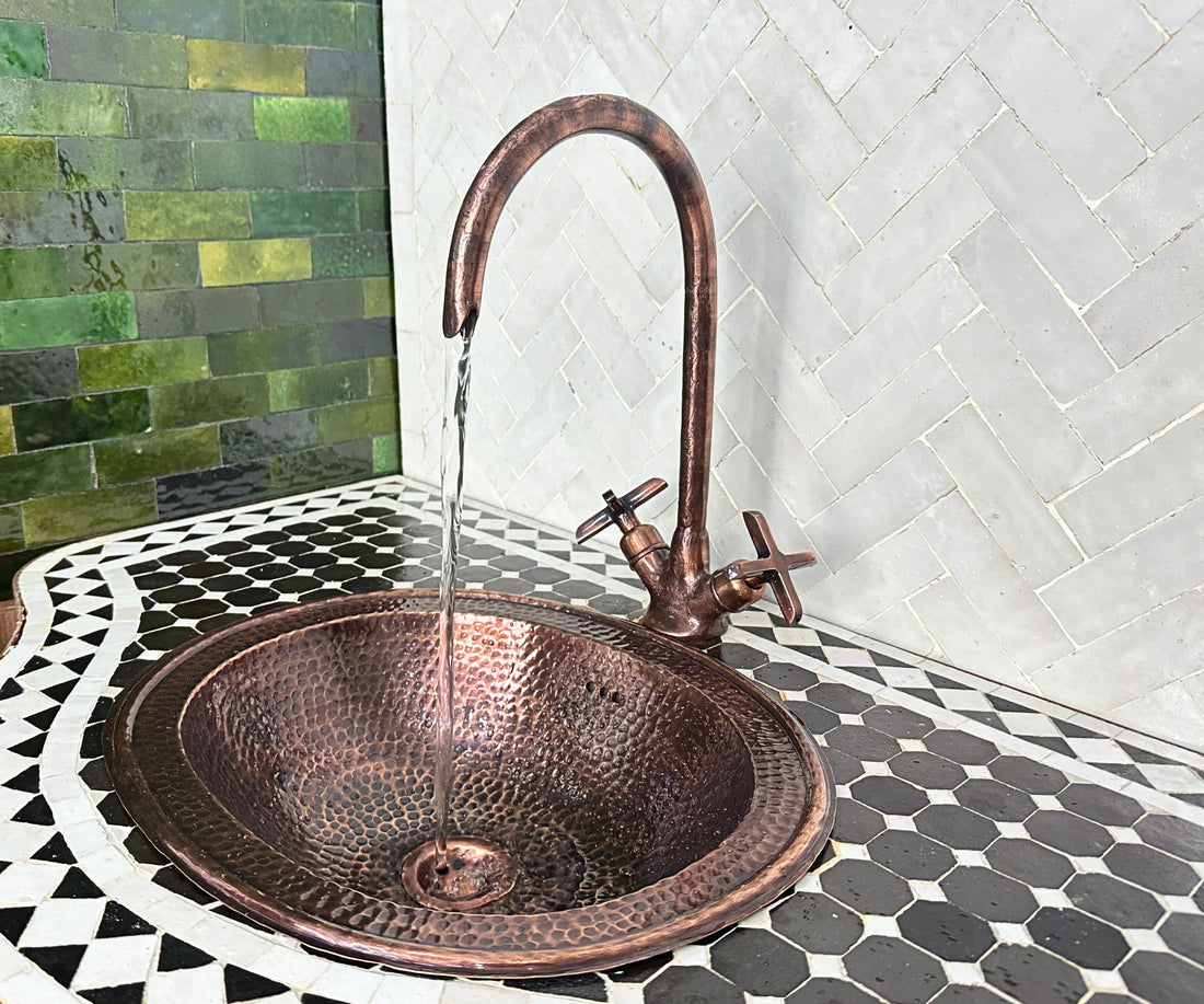 Copper Gooseneck Faucet – Hand-Engraved Moroccan Bathroom Tap