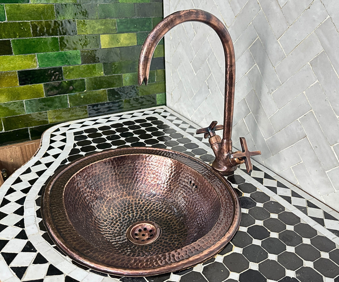 Copper Gooseneck Faucet – Hand-Engraved Moroccan Bathroom Tap