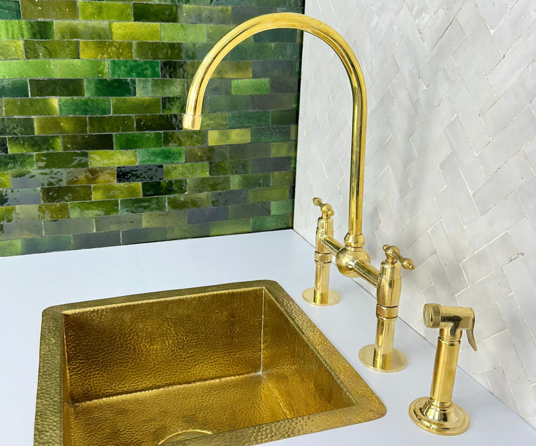 Unlacquered Brass Kitchen Faucet – Solid Brass 8" Bridge Faucet with Sprayer and Straight Legs