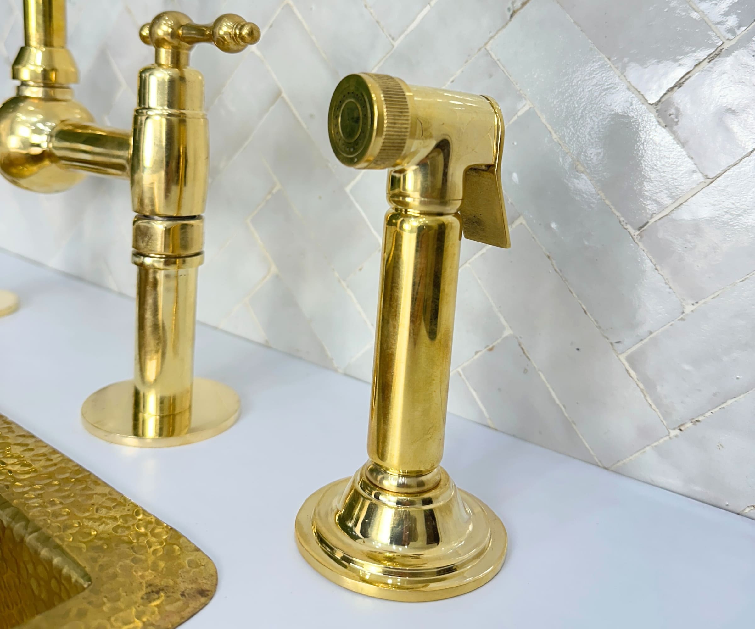 Unlacquered Brass Kitchen Faucet – Solid Brass 8" Bridge Faucet with Sprayer and Straight Legs