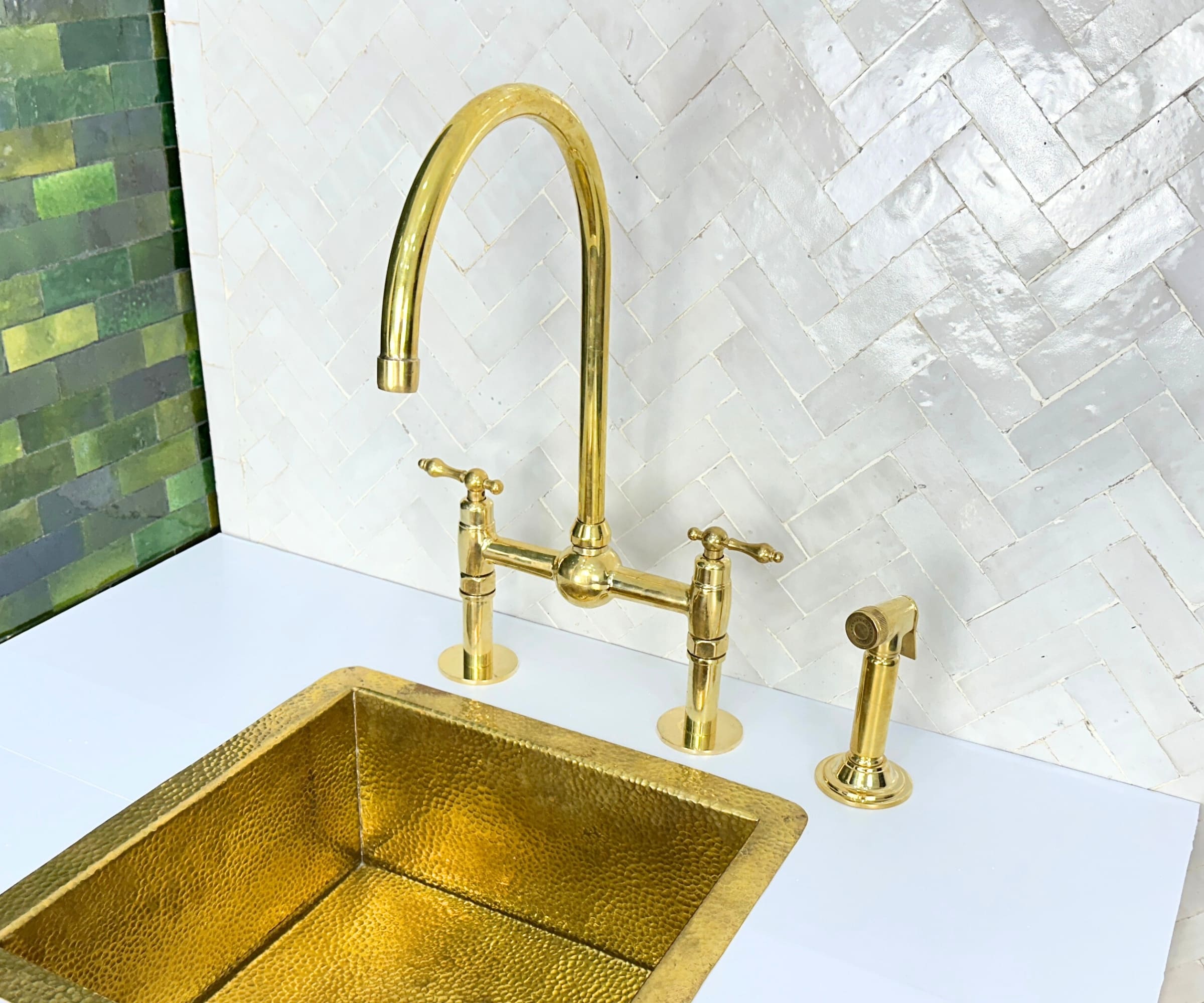 Unlacquered Brass Kitchen Faucet – Solid Brass 8" Bridge Faucet with Sprayer and Straight Legs