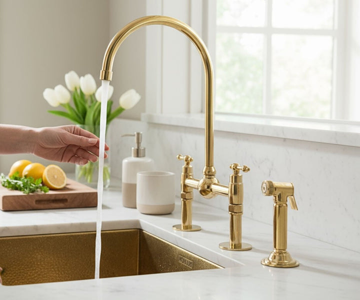 Unlacquered Brass Kitchen Faucet – Solid Brass 8" Bridge Faucet with Sprayer and Straight Legs