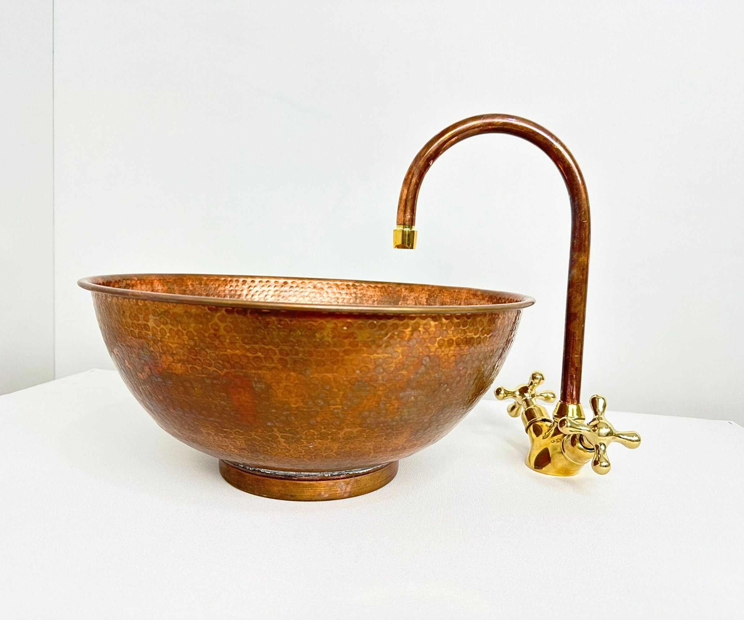 Hammered Copper Round Vessel Sink with faucet